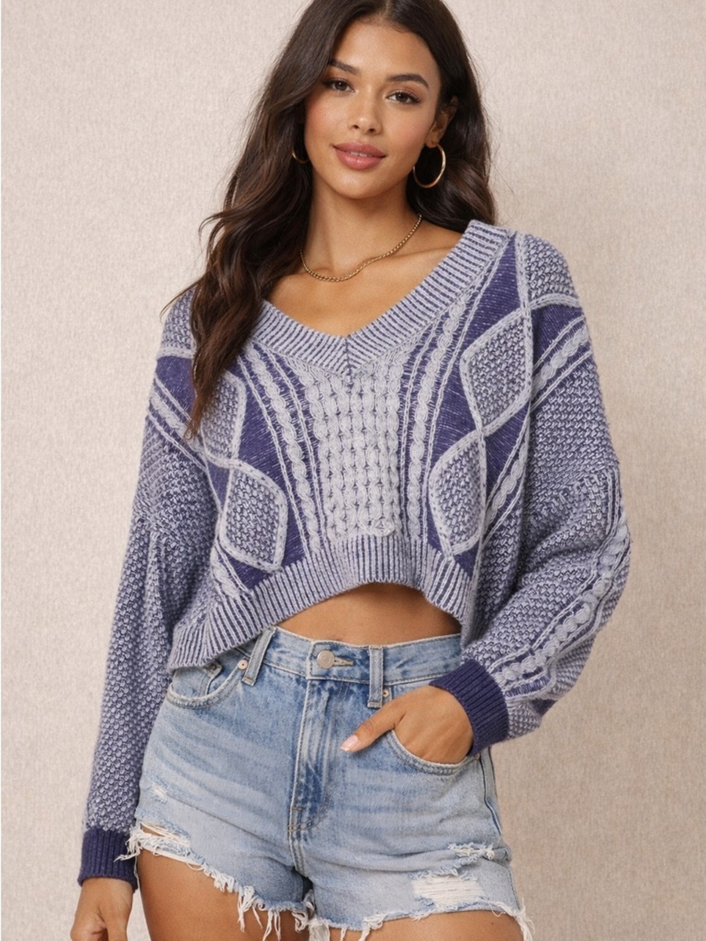 V-Neck Cropped Cable Knit Sweater - Lavender